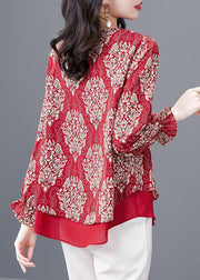 Women Red O Neck Print Patchwork Chiffon Blouses Flare Sleeve