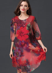 Women Red O Neck Print Patchwork Chiffon Mid Dress Summer