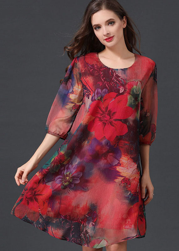 Women Red O Neck Print Patchwork Chiffon Mid Dress Summer