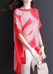 Women Red O Neck Print Patchwork Chiffon Tops Batwing Sleeve