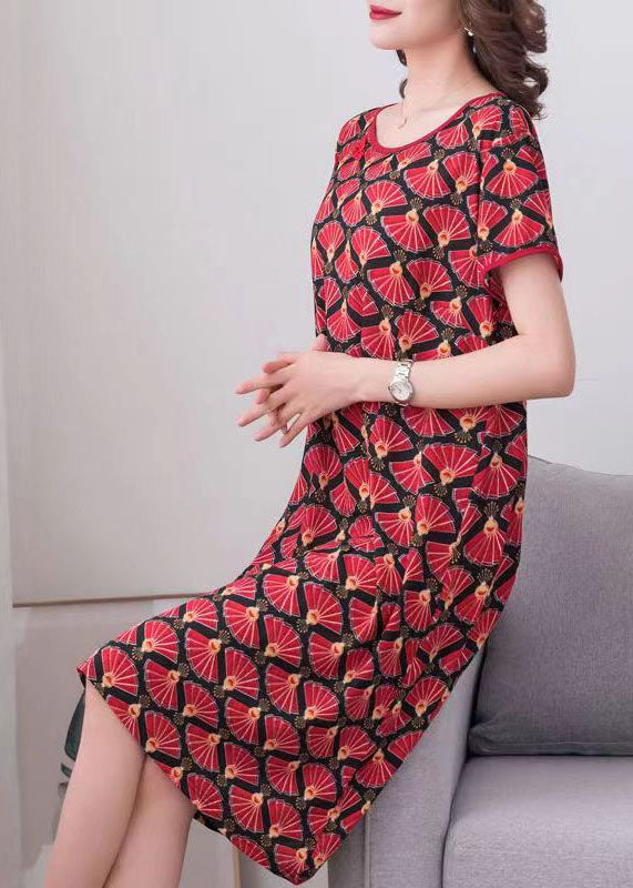 Women Red O Neck Print Patchwork Cotton Dress Summer