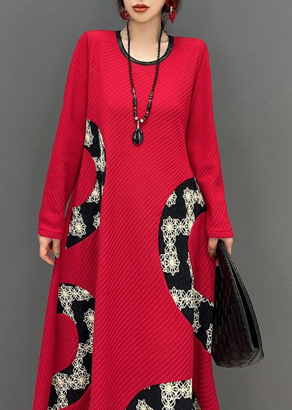 Women Red O Neck Print Patchwork Knit Long Dress Fall