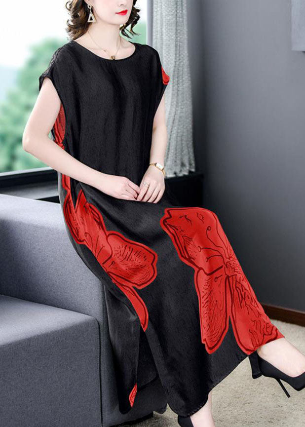 Women Red O Neck Print Side Open Patchwork Silk Long Dresses Summer