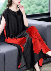 Women Red O Neck Print Side Open Patchwork Silk Long Dresses Summer