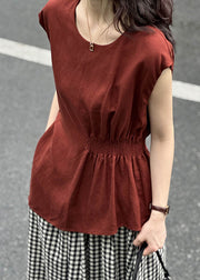 Women Red O Neck Solid Cotton Tops Summer