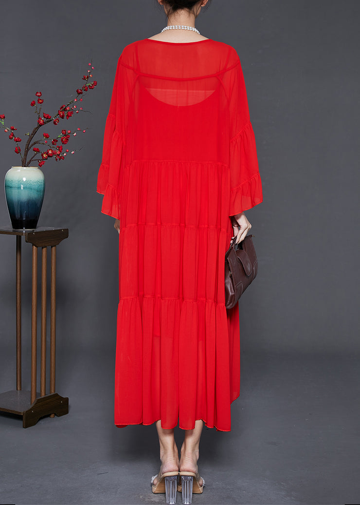 Women Red Oversized Exra Large Hem Chiffon Dresses Flare Sleeve