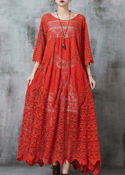Women Red Oversized Hollow Out Cotton Holiday Dress Summer