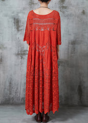 Women Red Oversized Hollow Out Cotton Holiday Dress Summer