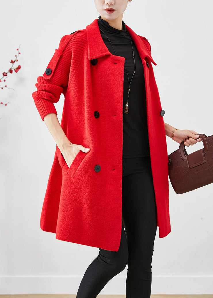 Women Red Oversized Knit Patchwork Woolen Coat Fall