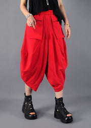 Women Red Oversized Pockets Cotton Harem Pants Spring