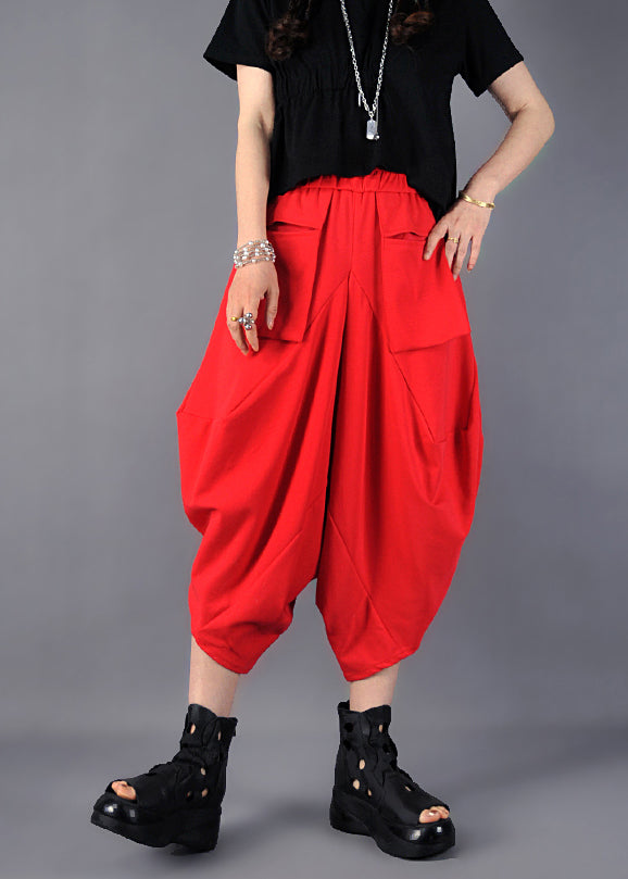 Women Red Oversized Pockets Cotton Harem Pants Spring