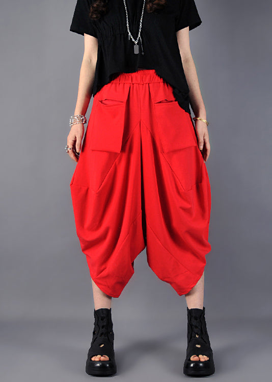 Women Red Oversized Pockets Cotton Harem Pants Spring