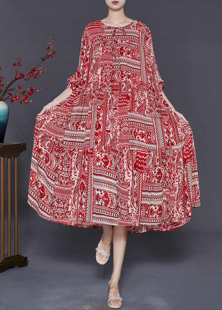 Women Red Oversized Print Chiffon Robe Dresses Fall