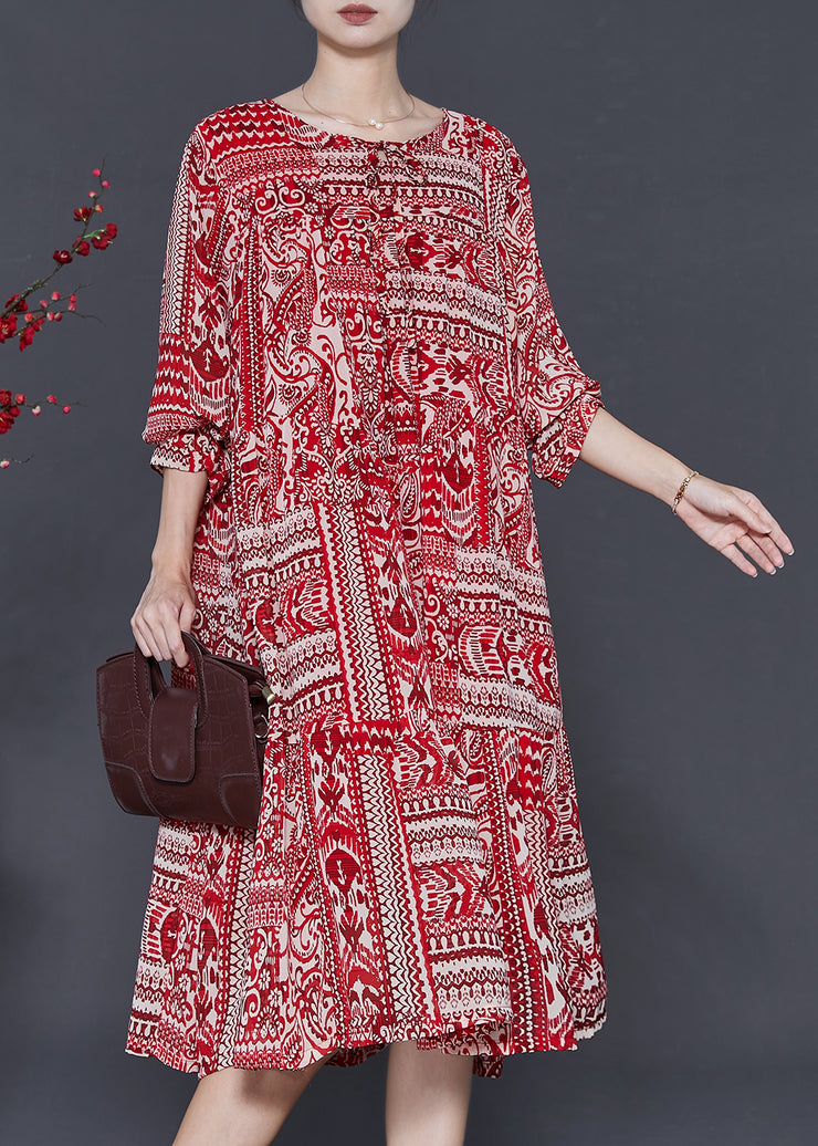 Women Red Oversized Print Chiffon Robe Dresses Fall