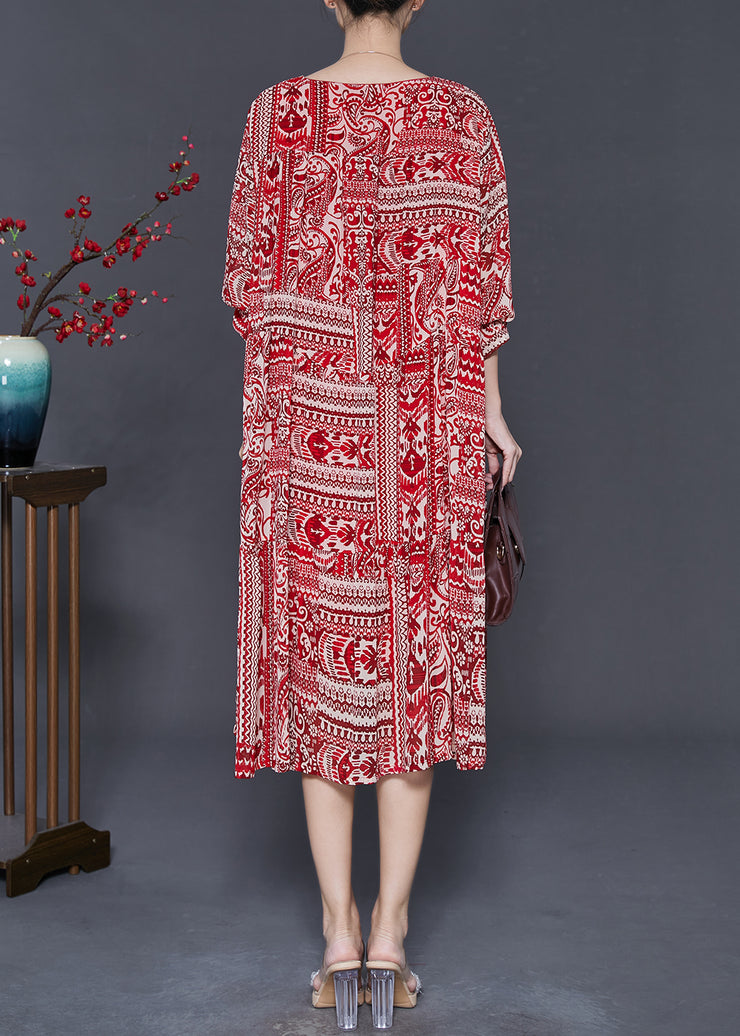 Women Red Oversized Print Chiffon Robe Dresses Spring