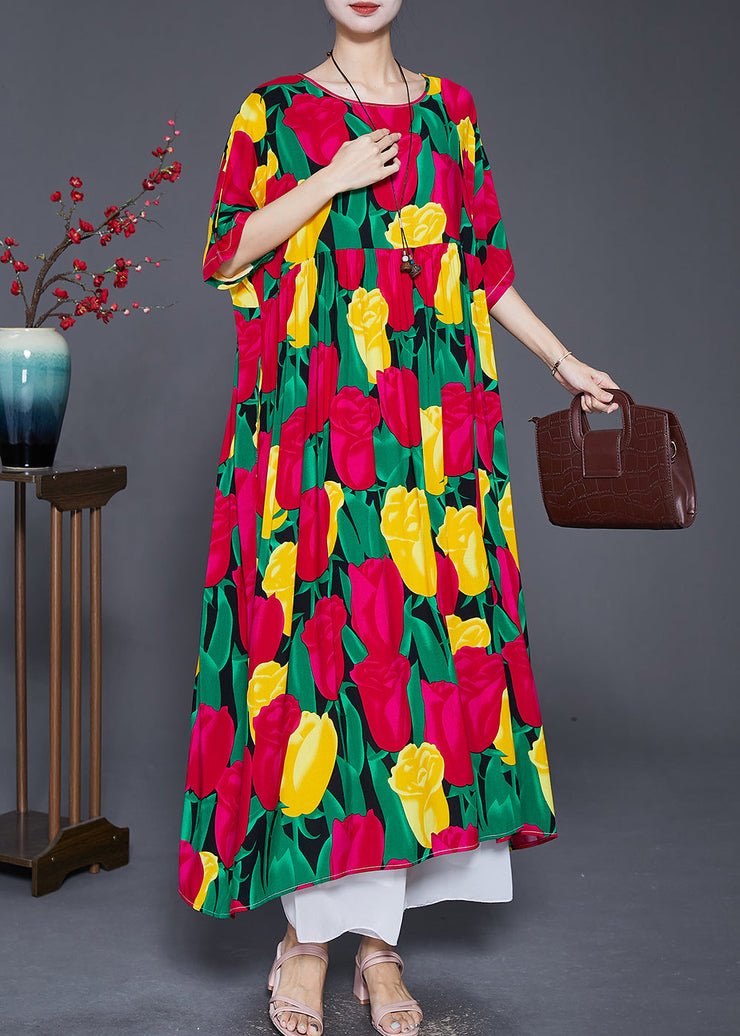 Women Red Oversized Print Cotton Long Dresses Summer