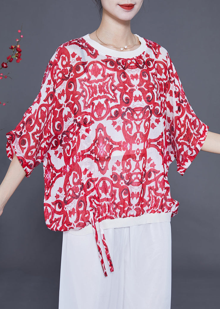 Women Red Oversized Print Drawstring Cotton Tanks Batwing Sleeve