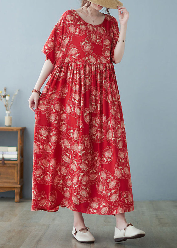 Women Red Oversized Print Exra Large Hem Cotton Vacation Dresses Summer