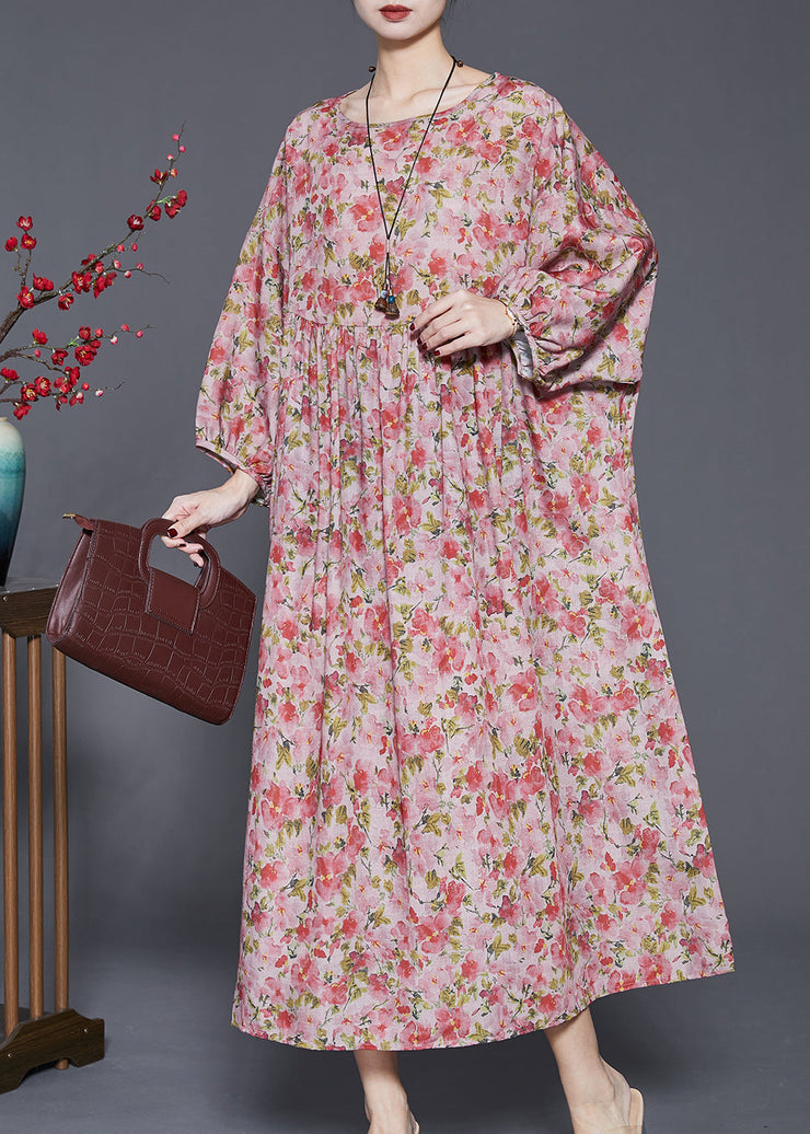 Women Red Oversized Print Linen Dresses Spring