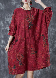 Women Red Oversized Print Linen Oriental Dress Fall