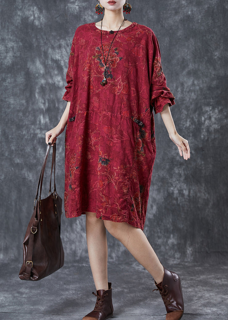 Women Red Oversized Print Linen Oriental Dress Fall