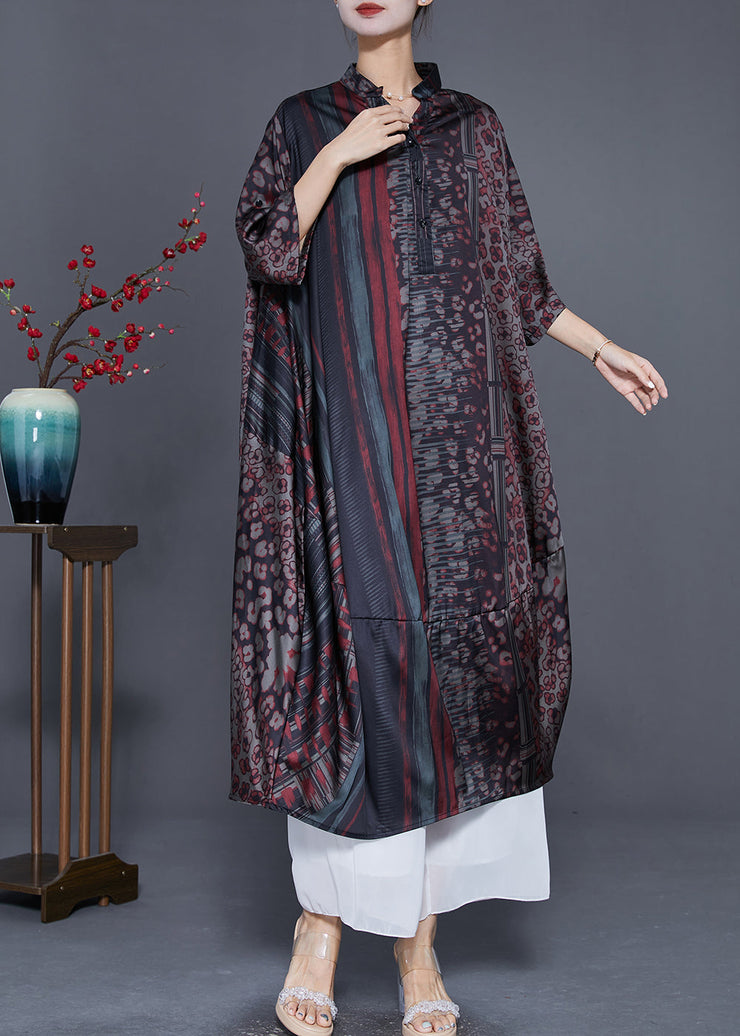 Women Red Oversized Print Silk Long Dress Summer