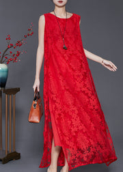 Women Red Oversized Side Open Lace A Line Dresses Sleeveless