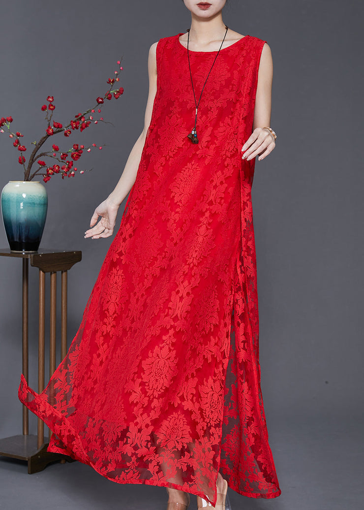 Women Red Oversized Side Open Lace A Line Dresses Sleeveless