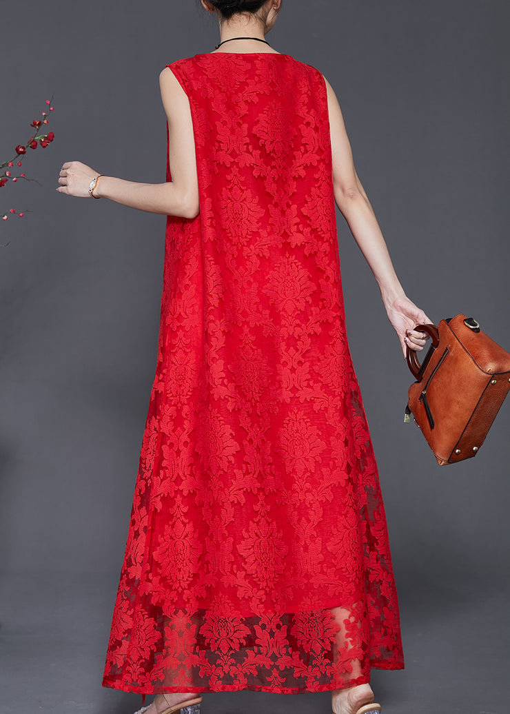 Women Red Oversized Side Open Lace A Line Dresses Sleeveless