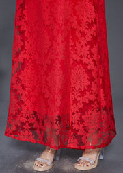 Women Red Oversized Side Open Lace A Line Dresses Sleeveless