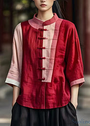 Women Red Patchwork Button Shirt Bracelet Sleeve