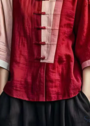 Women Red Patchwork Button Shirt Bracelet Sleeve