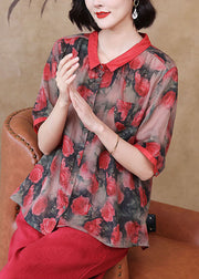 Women Red Peter Pan Collar Print Button Patchwork Linen Top Summer