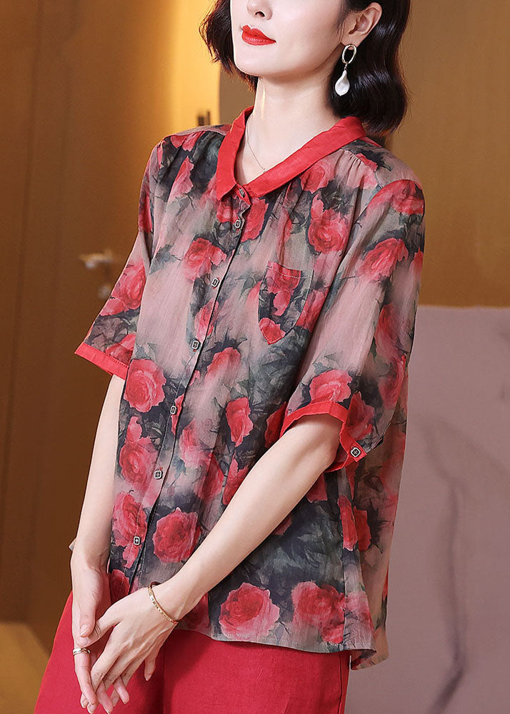 Women Red Peter Pan Collar Print Button Patchwork Linen Top Summer