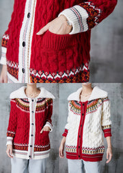 Women Red Peter Pan Collar Print Knit Cardigan Spring