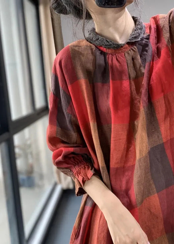 Women Red Plaid Patchwork Plus Size Cotton Dresses Fall