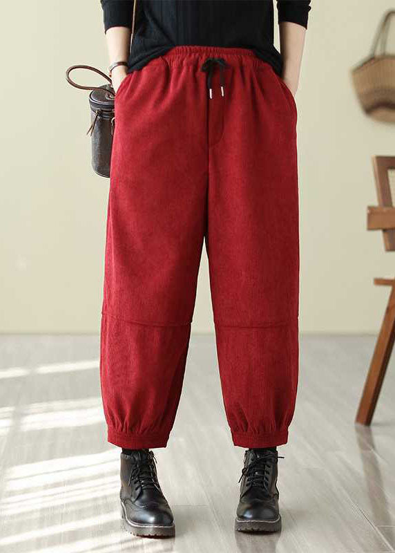 Women Red Pockets Elastic Waist Corduroy Warm Fleece Pants Spring