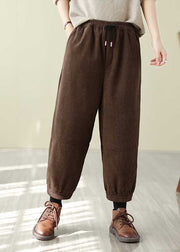 Women Red Pockets Elastic Waist Corduroy Warm Fleece Pants Spring