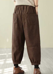 Women Red Pockets Elastic Waist Corduroy Warm Fleece Pants Spring