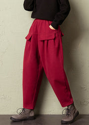 Women Red Pockets High Waist Cotton Pants Spring