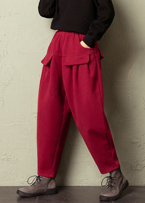 Women Red Pockets High Waist Cotton Pants Spring