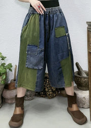 Women Red Pockets Patchwork Denim Wide Leg Pants Summer