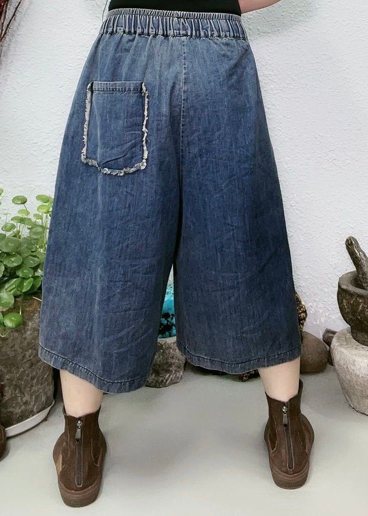 Women Red Pockets Patchwork Denim Wide Leg Pants Summer