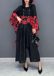 Women Red Print Asymmetrical Patchwork Chiffon Blouses Batwing Sleeve