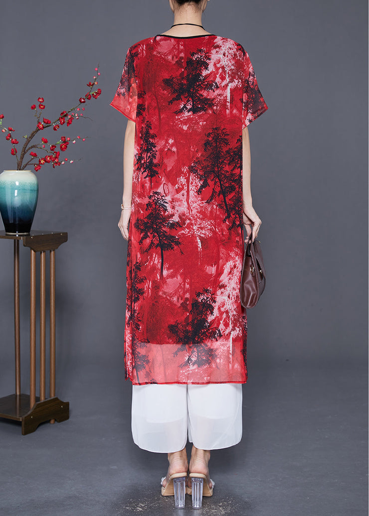 Women Red Print ChineseButton Chiffon Vacation Dresses Summer