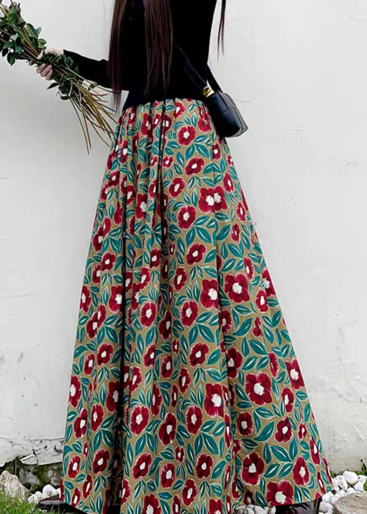 Women Red Print High Waist Pockets Patchwork Cotton Maxi Skirts Fall