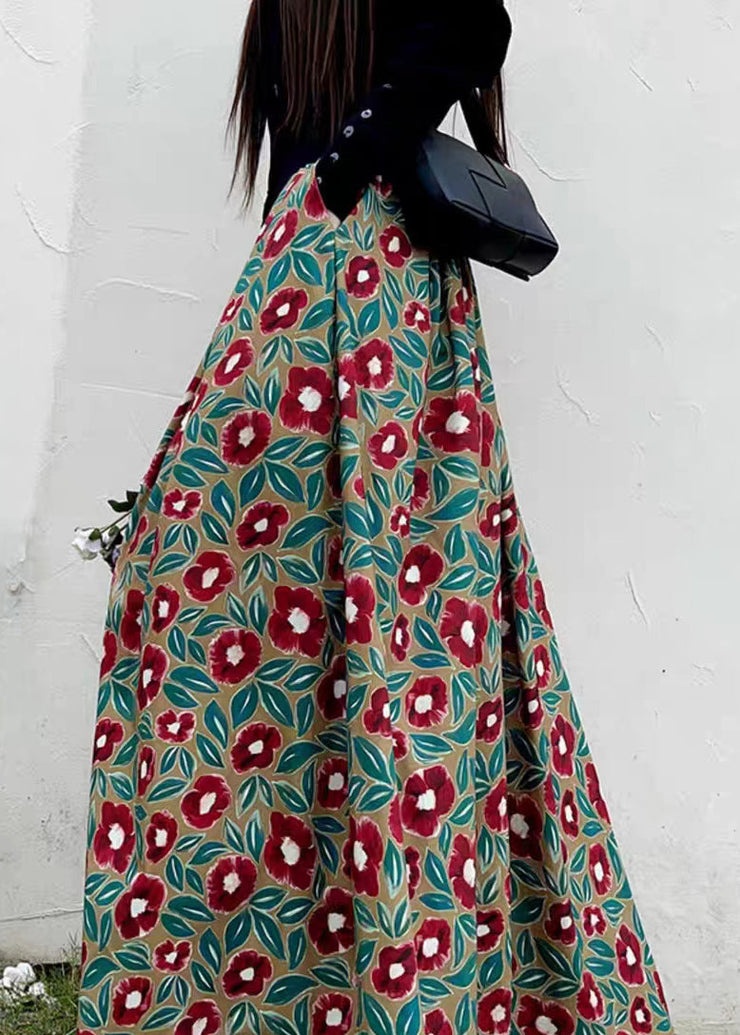 Women Red Print High Waist Pockets Patchwork Cotton Maxi Skirts Fall