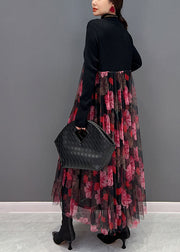 Women Red Print Stand Collar Patchwork Tulle Knit Long Dress Spring