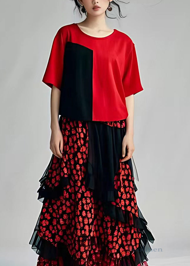 Women Red Print Tulle Holiday Tulle Long Dress Short Sleeve