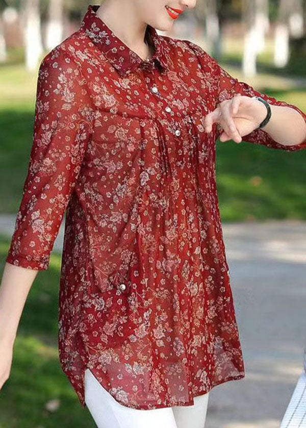 Women Red Print Wrinkled Patchwork Chiffon Shirt Tops Summer